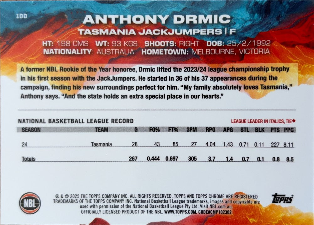 Anthony Drmic #100 Tasmania JackJumpers | 2024-25 Topps Chrome NBL (back)