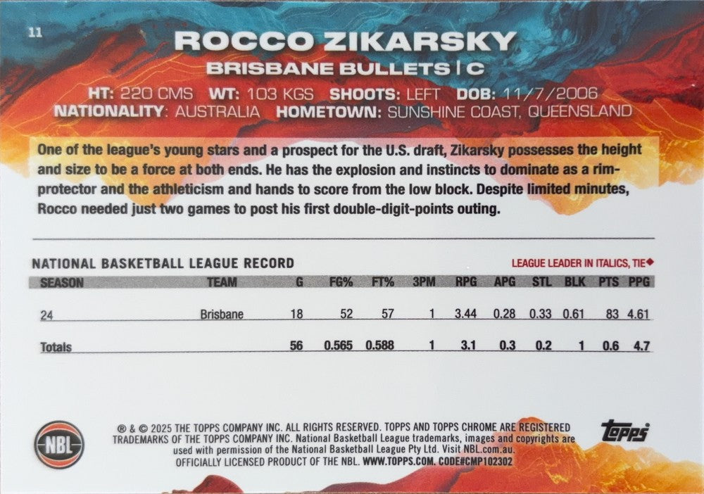 Rocco Zikarsky #11 Brisbane Bullets | 2024-25 Topps Chrome NBL (back)