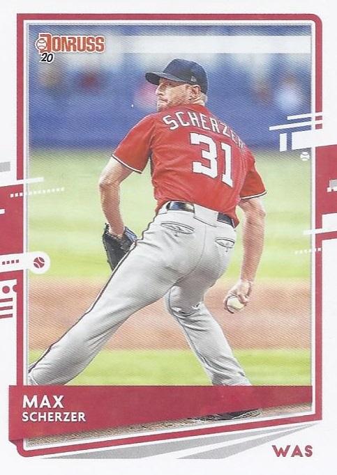 Max Scherzer #123 Washington Nationals (Red Jersey, "District of Champions" and old Donruss logo on back) | 2020 Donruss