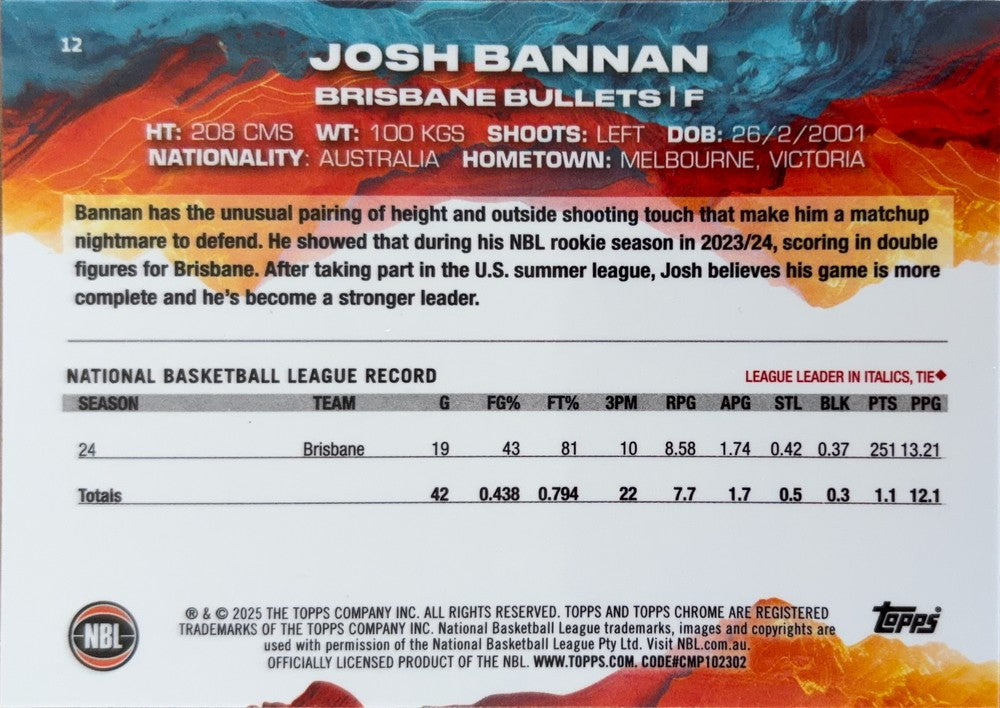 Josh Bannan #12 Brisbane Bullets | 2024-25 Topps Chrome NBL (back)