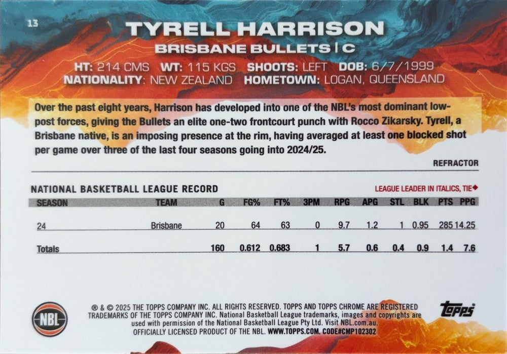 Tyrell Harrison #13 Brisbane Bullets | 2024-25 Topps Chrome NBL (back)