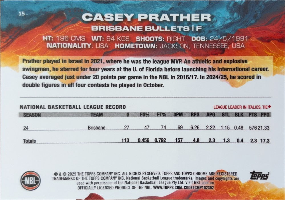 Casey Prather #15 Brisbane Bullets | 2024-25 Topps Chrome NBL (back)