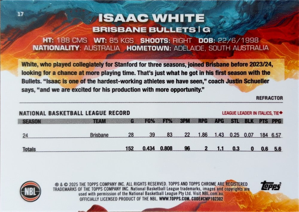 Isaac White #17 Brisbane Bullets | 2024-25 Topps Chrome NBL (back)