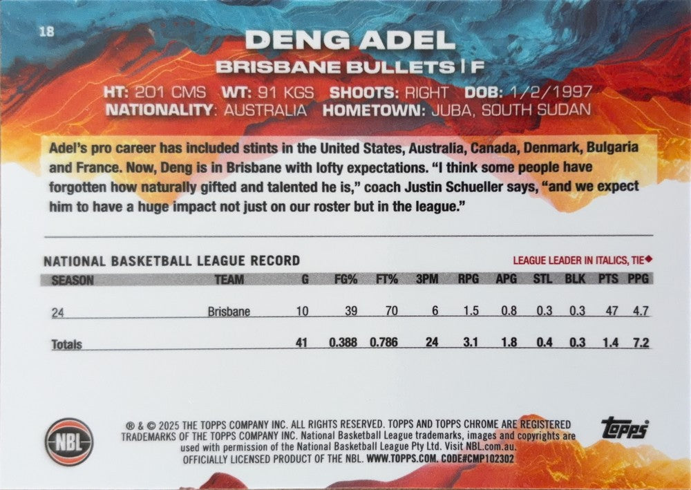 Deng Adel #18 Brisbane Bullets | 2024-25 Topps Chrome NBL (back)