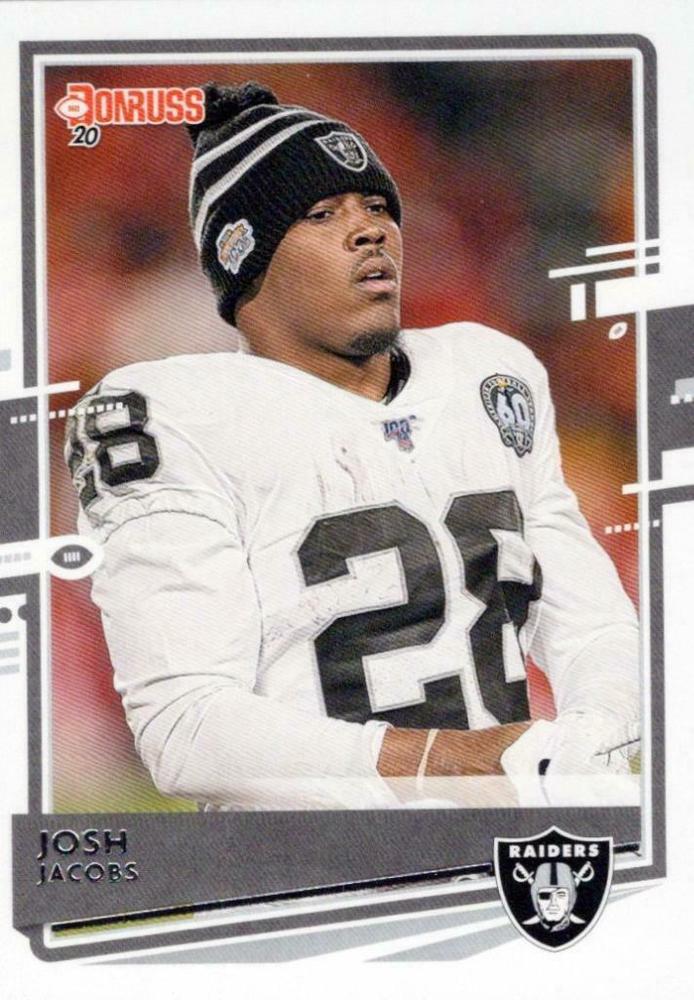 Josh Jacobs #199 Las Vegas Raiders (White jersey, wearing stocking cap) | 2020 Panini Donruss | NFL Football