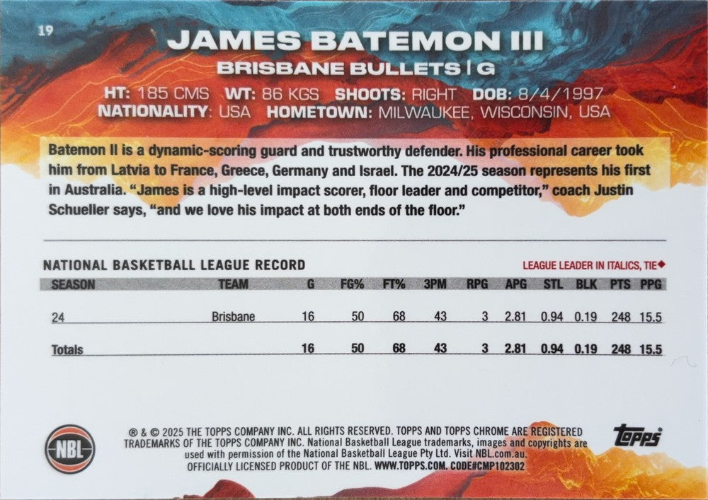James Batemon III #19 Brisbane Bullets | 2024-25 Topps Chrome NBL (back)