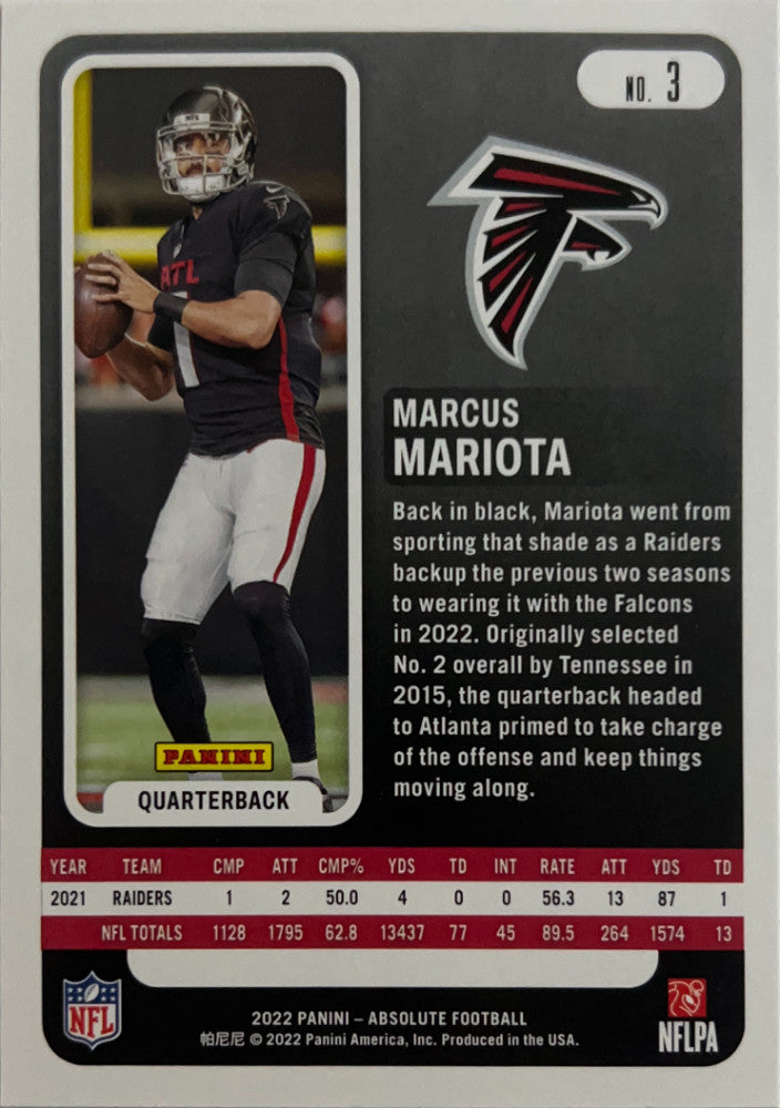 Marcus Mariota #3 Atlanta Falcons | 2022 Panini Absolute | NFL Football (back)