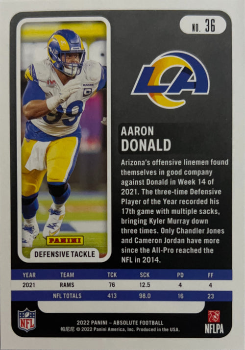 Aaron Donald #36 Los Angeles Rams | 2022 Panini Absolute | NFL Football (back)