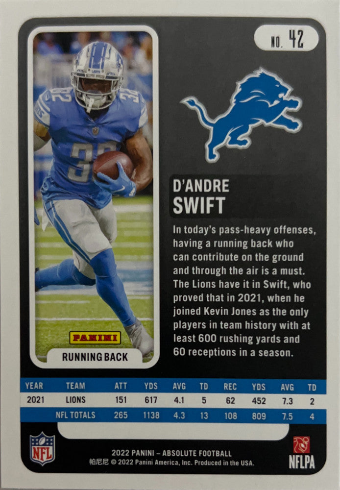 D'Andre Swift #42 Detroit Lions | 2022 Panini Absolute | NFL Football (back)