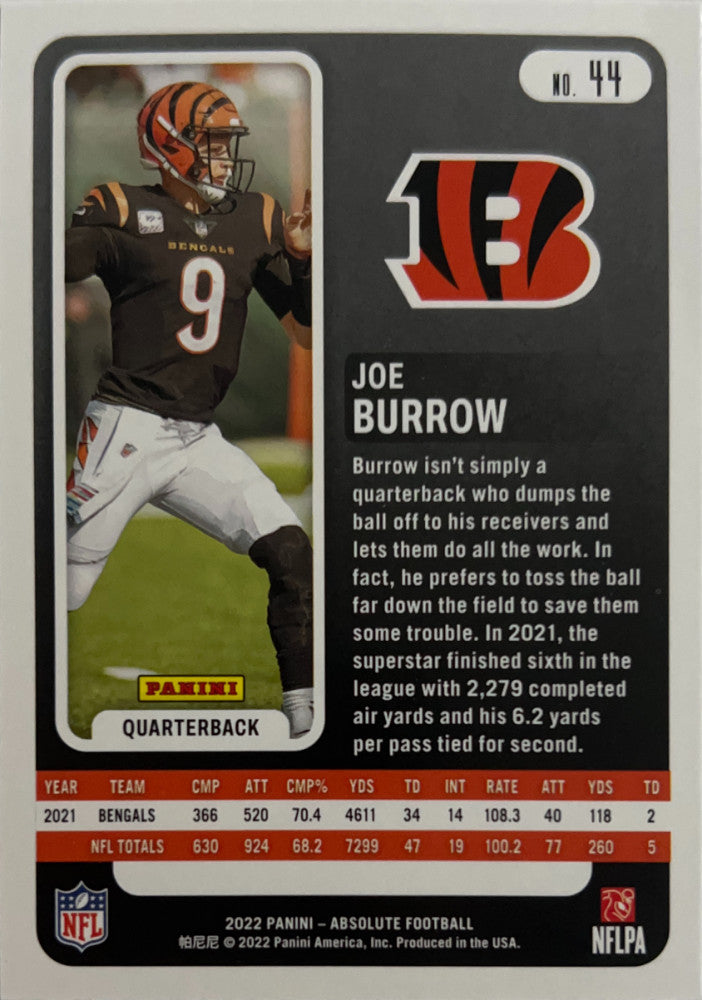 Joe Burrow #44 Cincinnati Bengals | 2022 Panini Absolute | NFL Football (back)