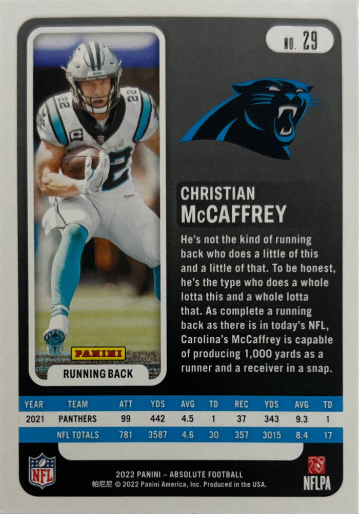 Christian McCaffrey #29 Carolina Panthers | 2022 Panini Absolute | NFL Football (back)