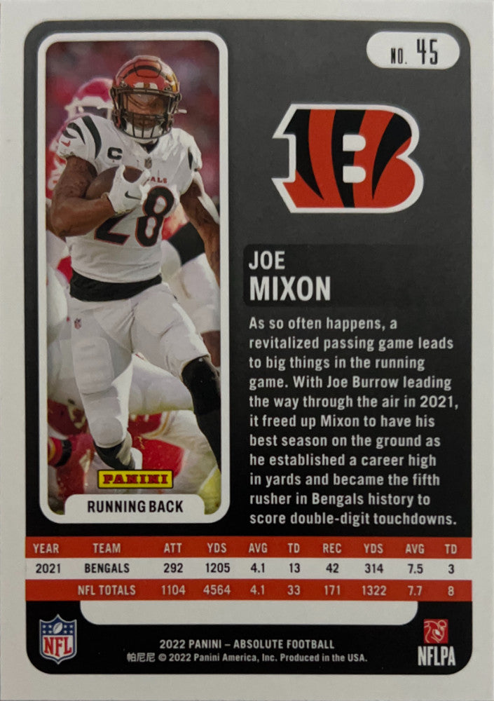 Joe Mixon #45 Cincinnati Bengals | 2022 Panini Absolute | NFL Football (back)