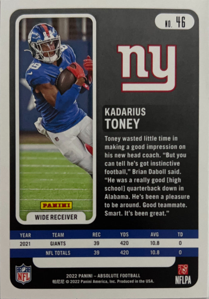 Kadarius Toney #46 New York Giants | 2022 Panini Absolute | NFL Football (back)