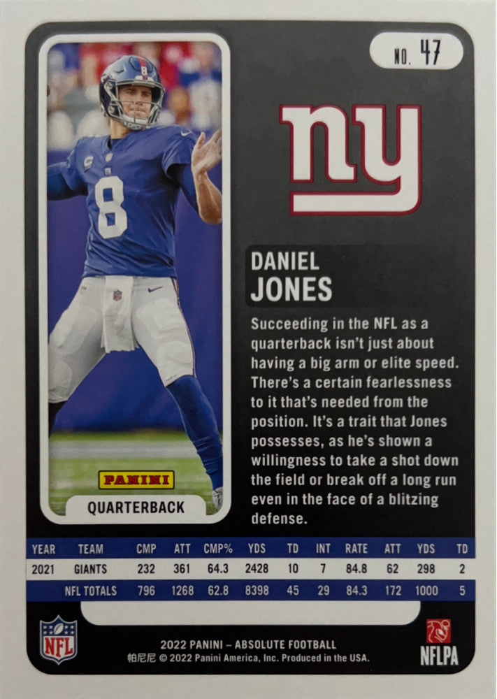 Daniel Jones #47 New York Giants | 2022 Panini Absolute | NFL Football (back)