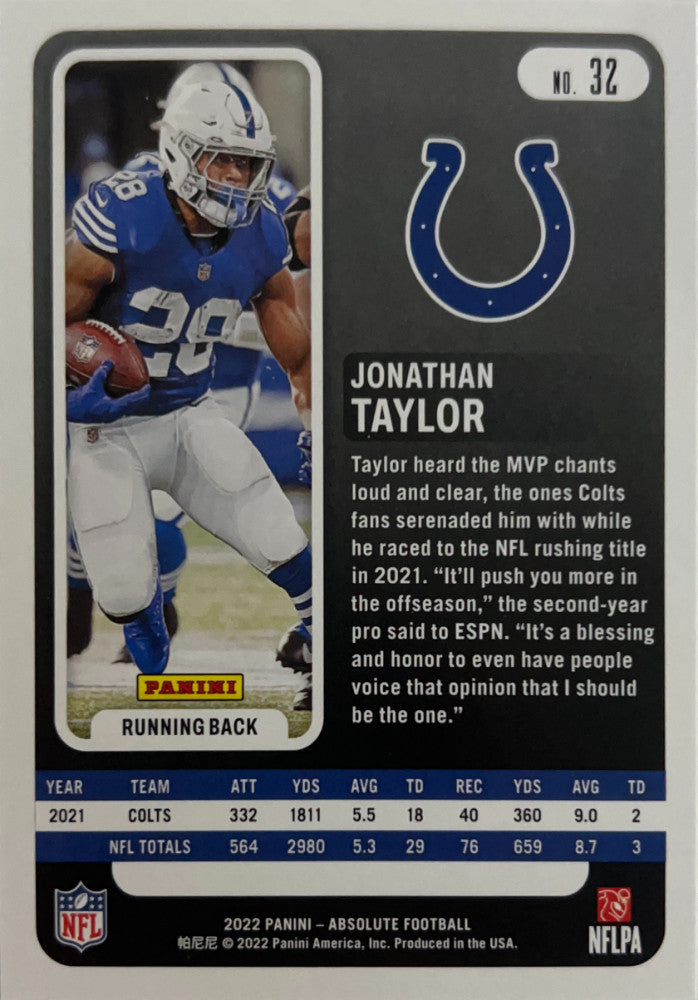 Jonathan Taylor #32 Indianapolis Colts | 2022 Panini Absolute | NFL Football (back)