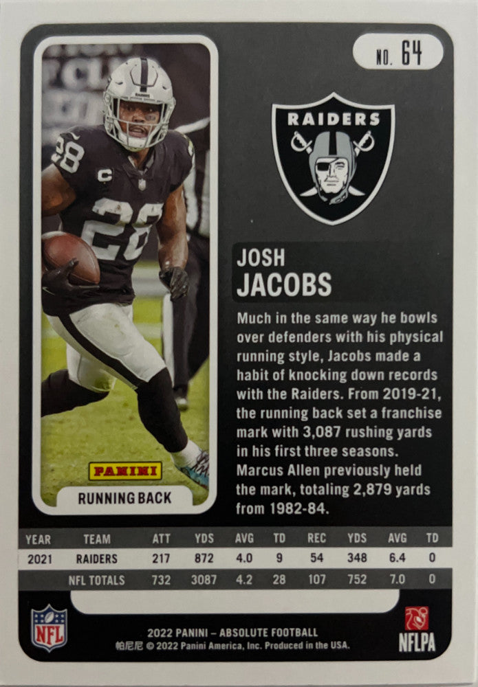 Josh Jacobs #64 Las Vegas Raiders | 2022 Panini Absolute | NFL Football (back)