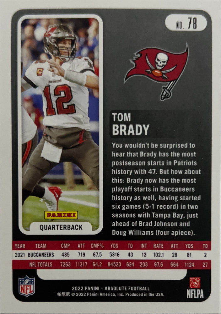Tom Brady #78 Tampa Bay Buccaneers | 2022 Panini Absolute | NFL Football (back)