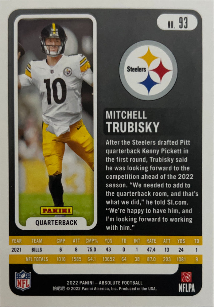 Mitchell Trubisky #93 Pittsburgh Steelers | 2022 Panini Absolute | NFL Football (back)