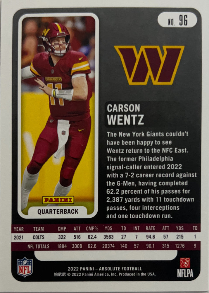 Carson Wentz #96 Washington Commanders | 2022 Panini Absolute | NFL Football (back)