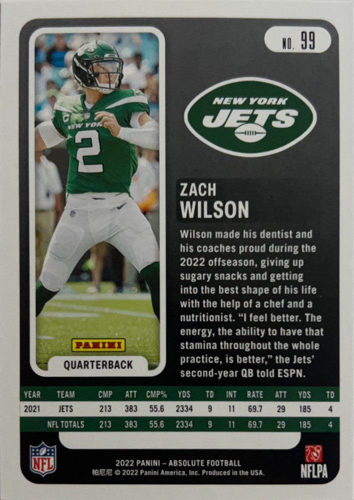 Zach Wilson #99 New York Jets | 2022 Panini Absolute | NFL Football (back)