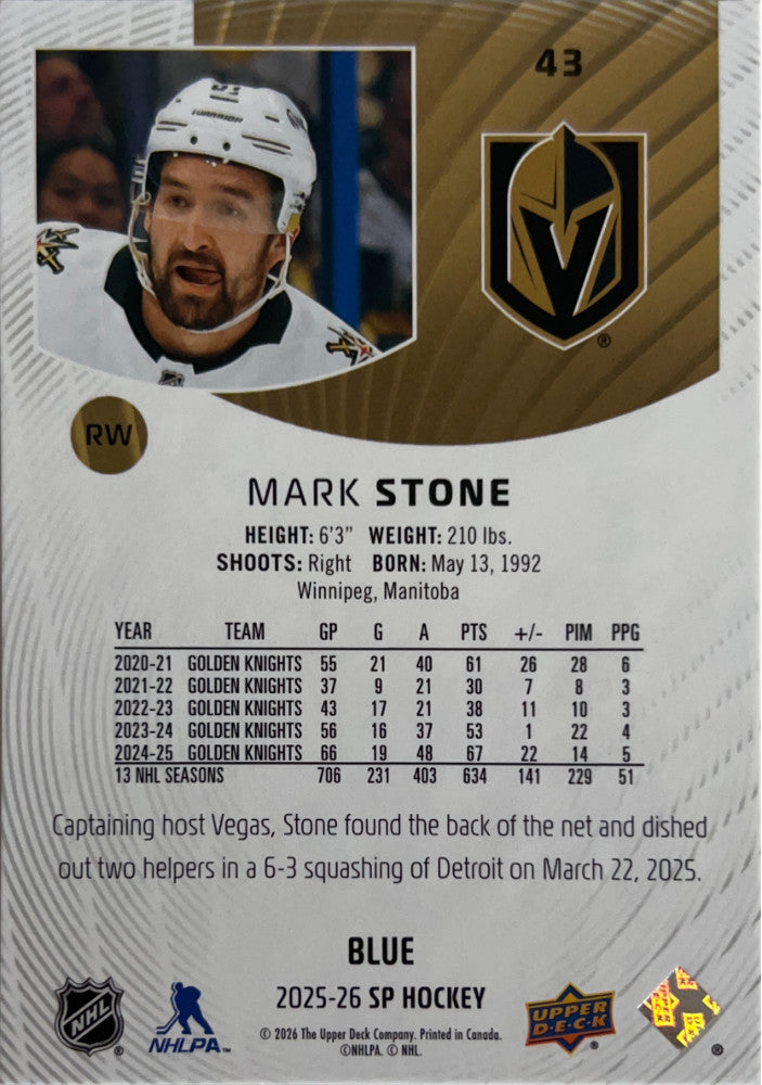 Mark Stone #43 Vegas Golden Knights | 2025-26 SP Hockey Blue Parallel (back)