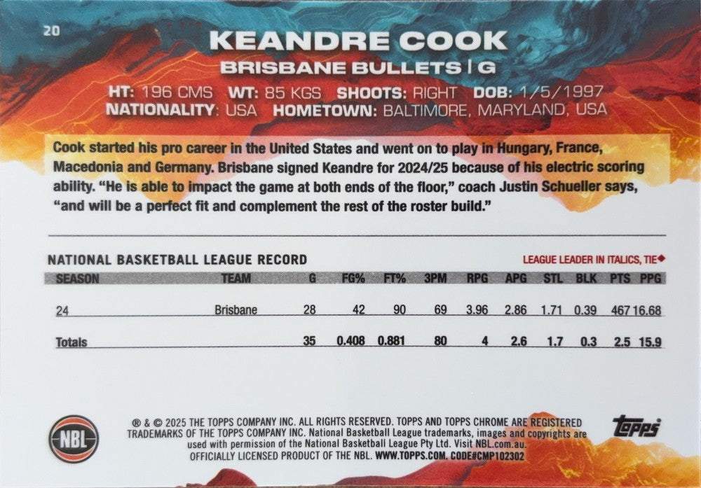 Keandre Cook #20 Brisbane Bullets | 2024-25 Topps Chrome NBL (back)
