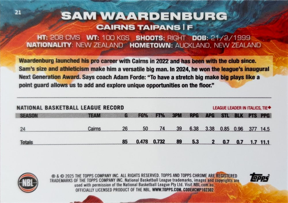 Sam Waardenburg #21 Cairns Taipans | 2024-25 Topps Chrome NBL (back)