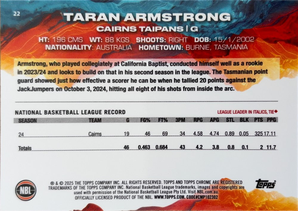Taran Armstrong #22 Cairns Taipans | 2024-25 Topps Chrome NBL (back)