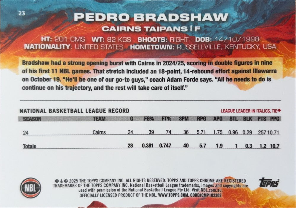 Pedro Bradshaw #23 Cairns Taipans | 2024-25 Topps Chrome NBL (back)