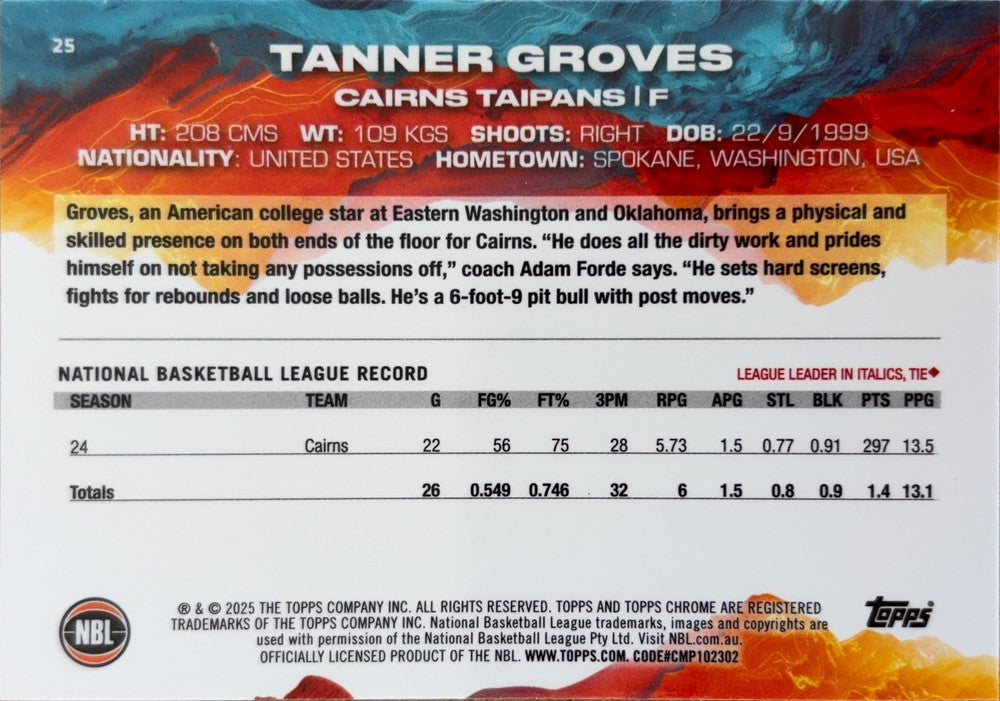 Tanner Groves #25 Cairns Taipans | 2024-25 Topps Chrome NBL (back)
