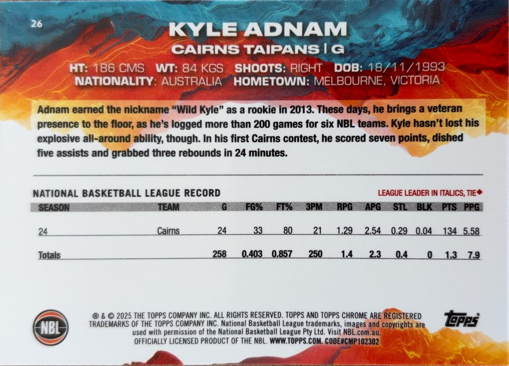 Kyle Adnam #26 Cairns Taipans | 2024-25 Topps Chrome NBL (back)