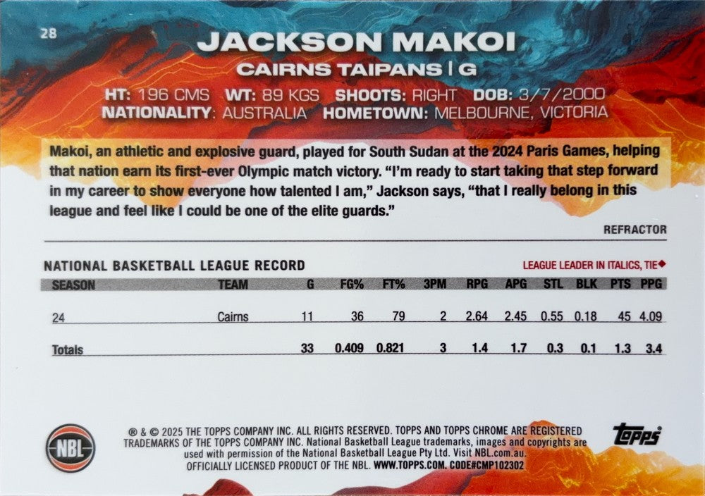 Jackson Makoi #28 Cairns Taipans | 2024-25 Topps Chrome NBL (back)