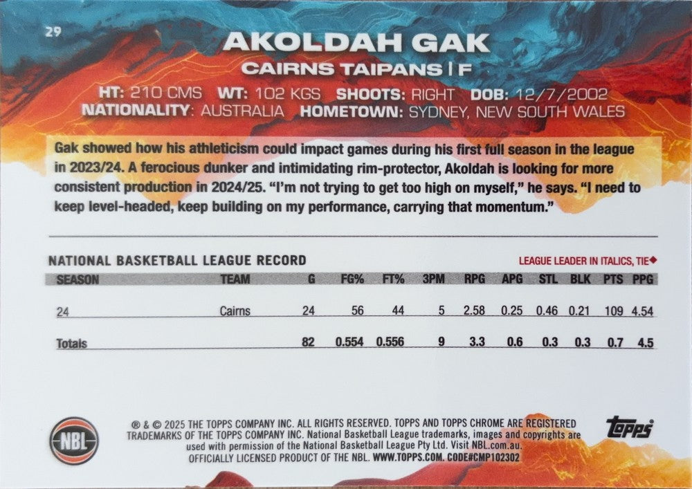 Akoldah Gak #29 Cairns Taipans | 2024-25 Topps Chrome NBL (back)