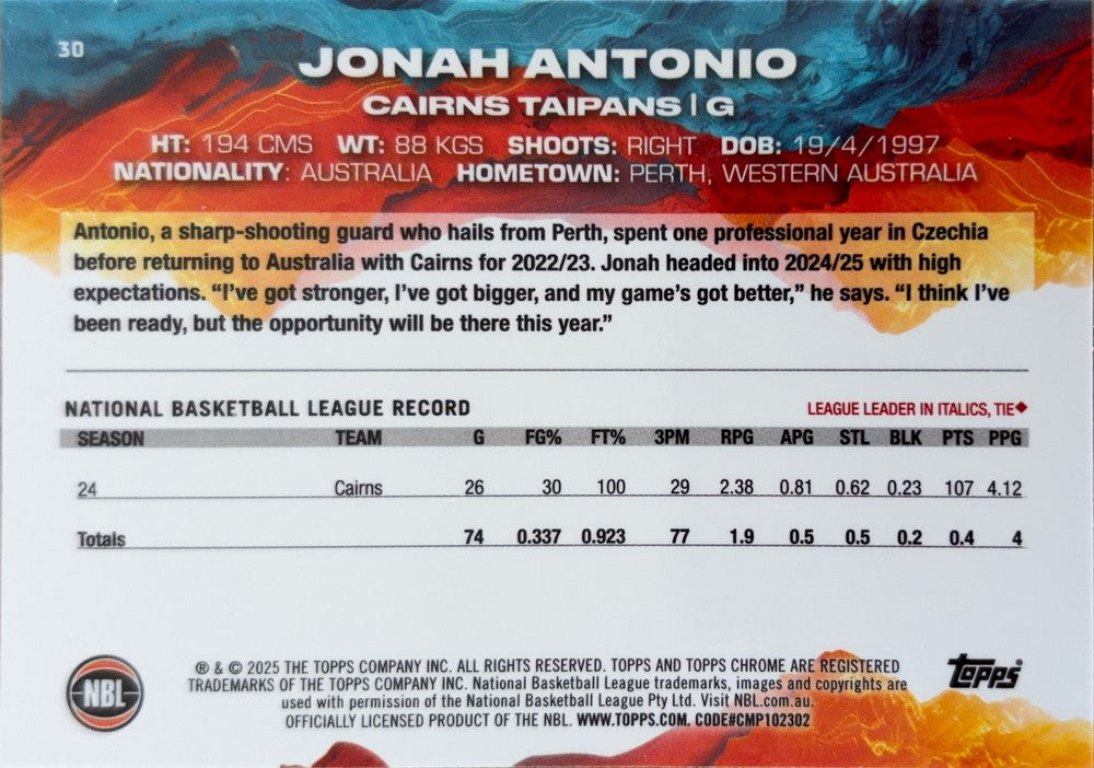 Jonah Antonio #30 Cairns Taipans | 2024-25 Topps Chrome NBL (back)
