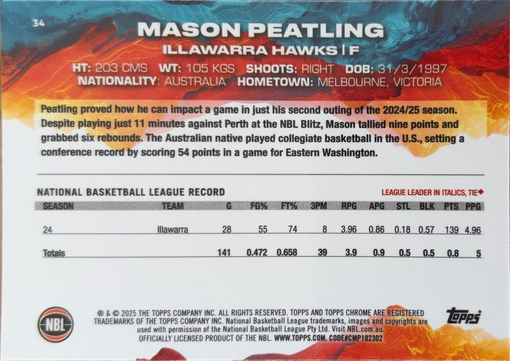 Mason Peatling #34 Illawarra Hawks | 2024-25 Topps Chrome NBL (back)