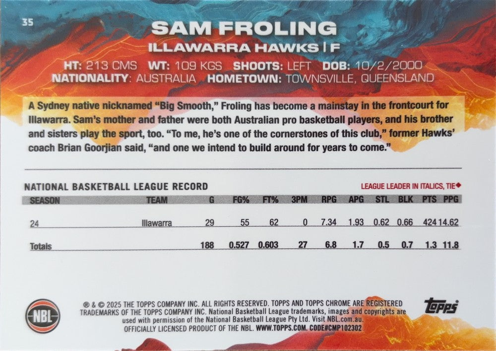 Sam Froling #35 Illawarra Hawks | 2024-25 Topps Chrome NBL (back)