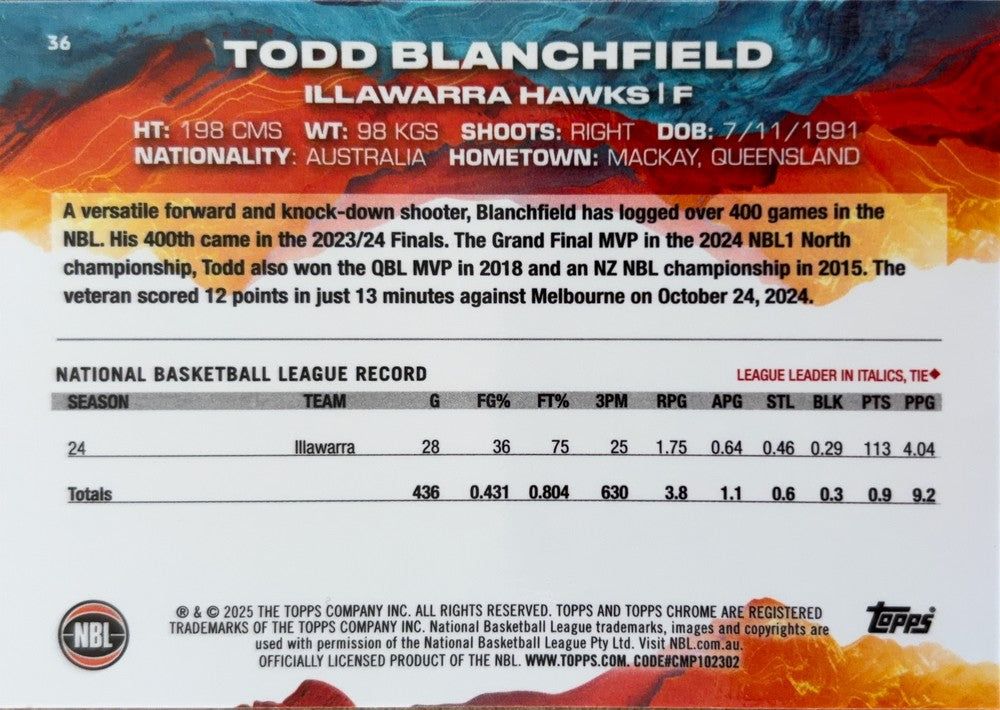 Todd Blanchfield #36 Illawarra Hawks | 2024-25 Topps Chrome NBL (back)