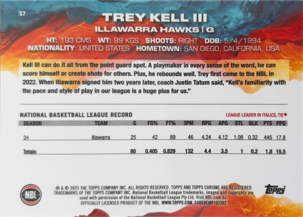 Trey Kell III #37 Illawarra Hawks | 2024-25 Topps Chrome NBL (back)