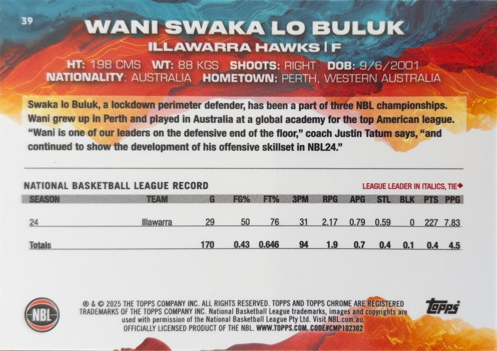 Wani Swaka lo Buluk #39 Illawarra Hawks | 2024-25 Topps Chrome NBL (back)