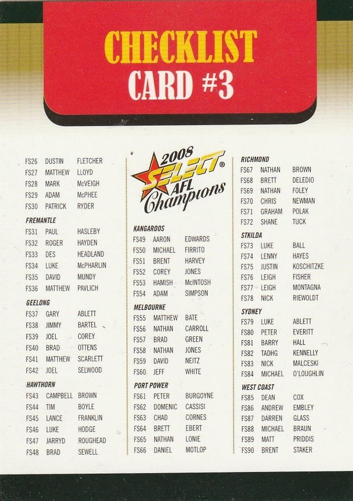 Checklist #3 | 2008 Select AFL Champions