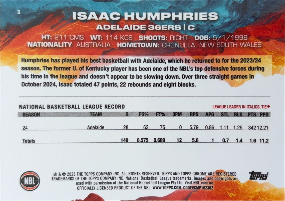 Isaac Humphries #3 Adelaide 36ers | 2024-25 Topps Chrome NBL (back)