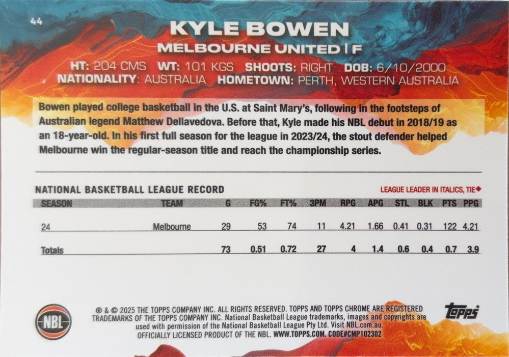Kyle Bowen #44 Melbourne United | 2024-25 Topps Chrome NBL (back)