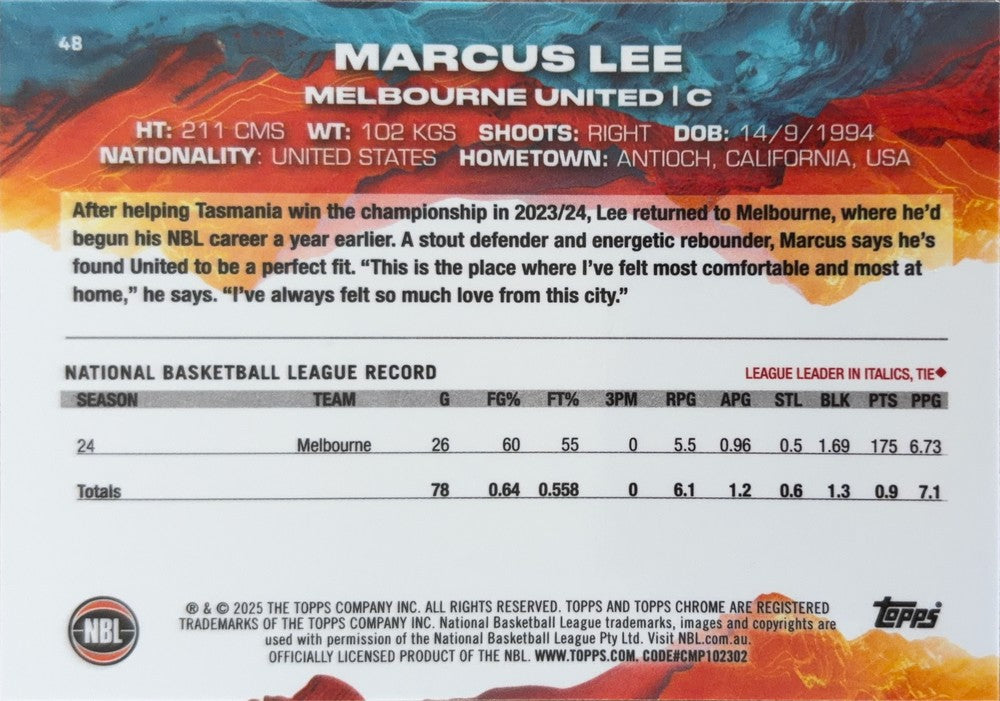 Marcus Lee #48 Melbourne United | 2024-25 Topps Chrome NBL (back)