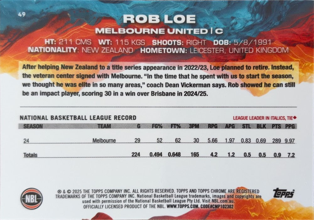 Rob Loe #49 Melbourne United | 2024-25 Topps Chrome NBL (back)