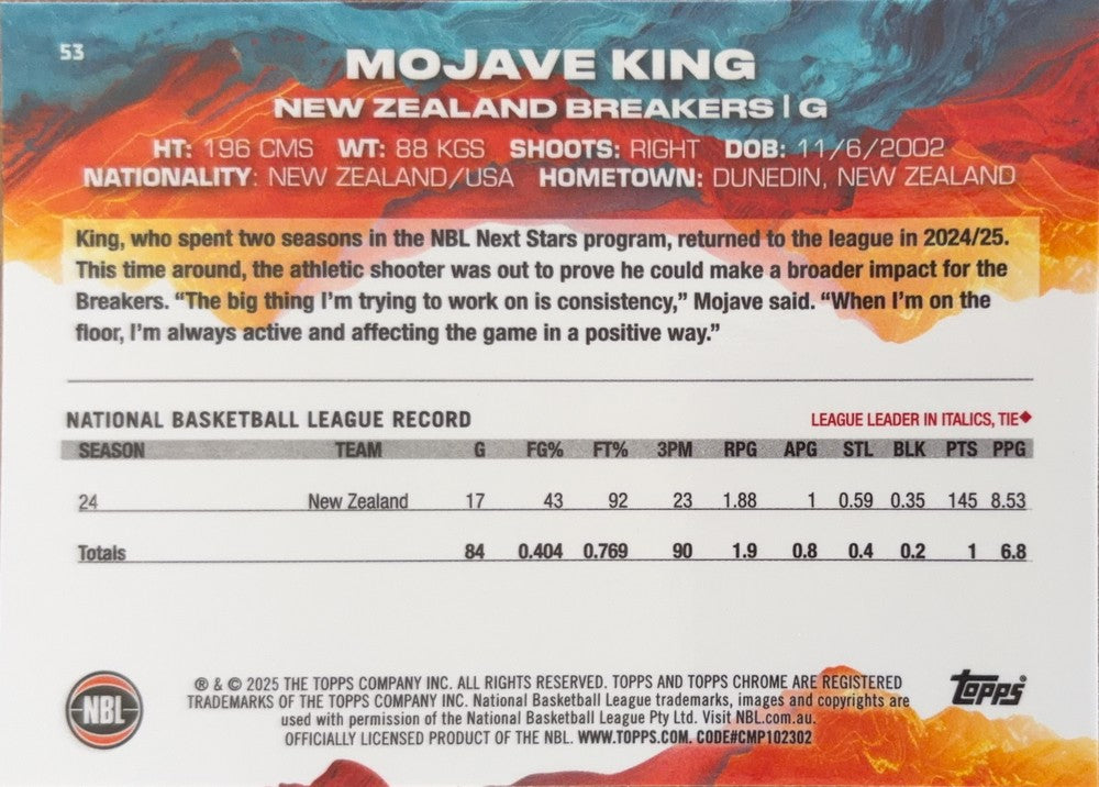 Mojave King #53 New Zealand Breakers | 2024-25 Topps Chrome NBL (back)