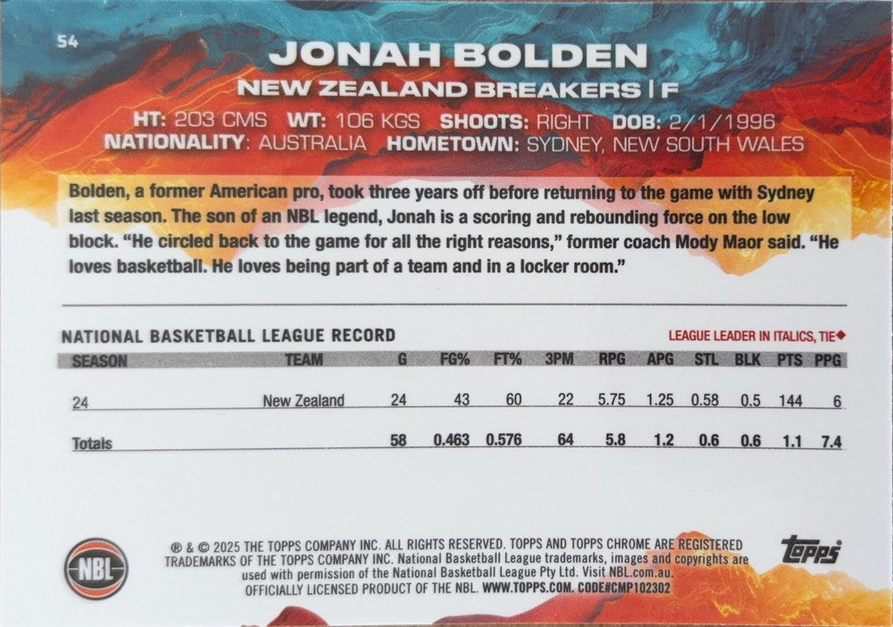 Jonah Bolden #54 New Zealand Breakers | 2024-25 Topps Chrome NBL (back)