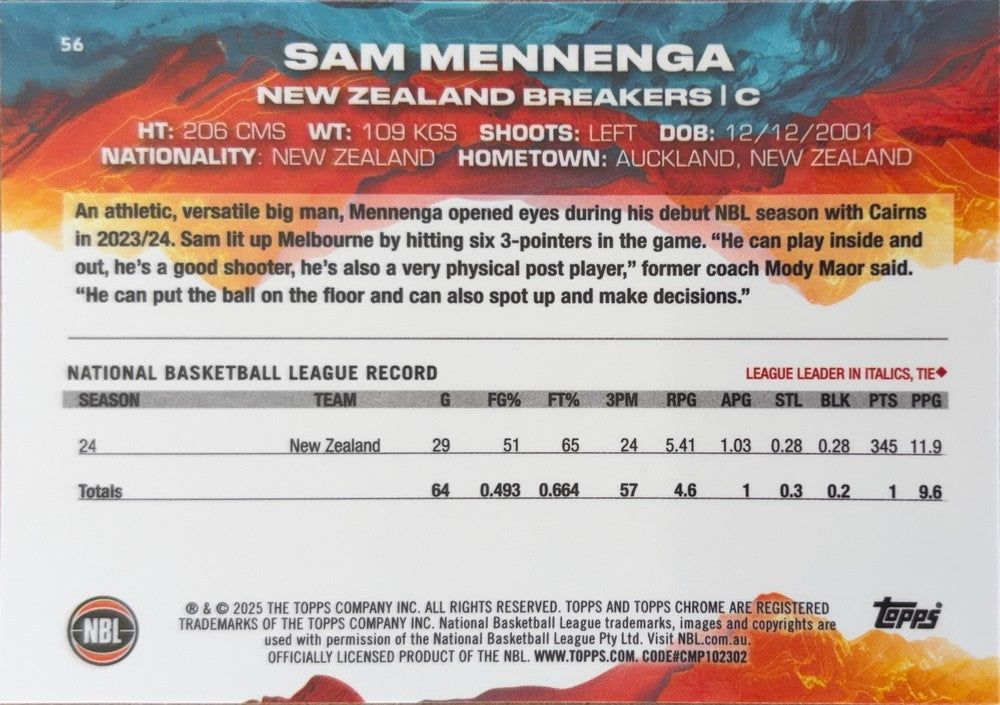 Sam Mennenga #56 New Zealand Breakers | 2024-25 Topps Chrome NBL (back)