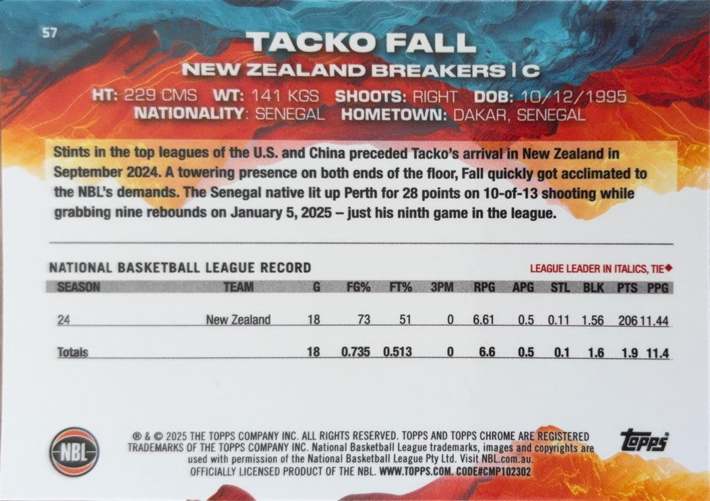 Tacko Fall #57 New Zealand Breakers | 2024-25 Topps Chrome NBL (back)