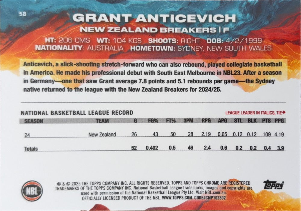 Grant Anticevich #58 New Zealand Breakers | 2024-25 Topps Chrome NBL (back)