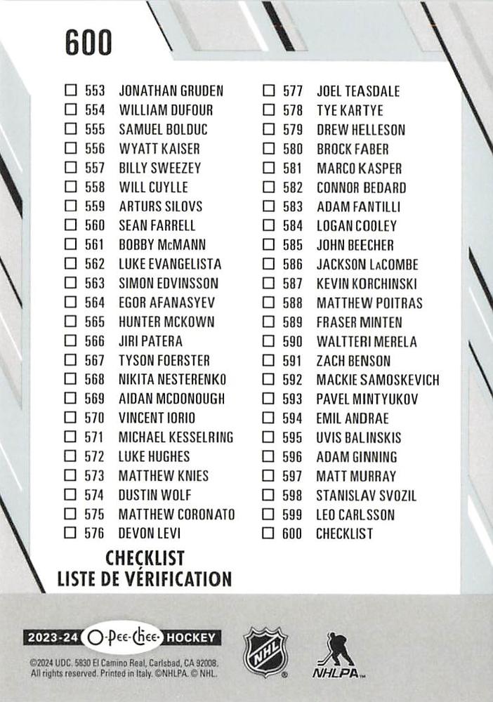 Checklist: 501 600 #600 Multi-Team | 2023-24 O-Pee-Chee Hockey